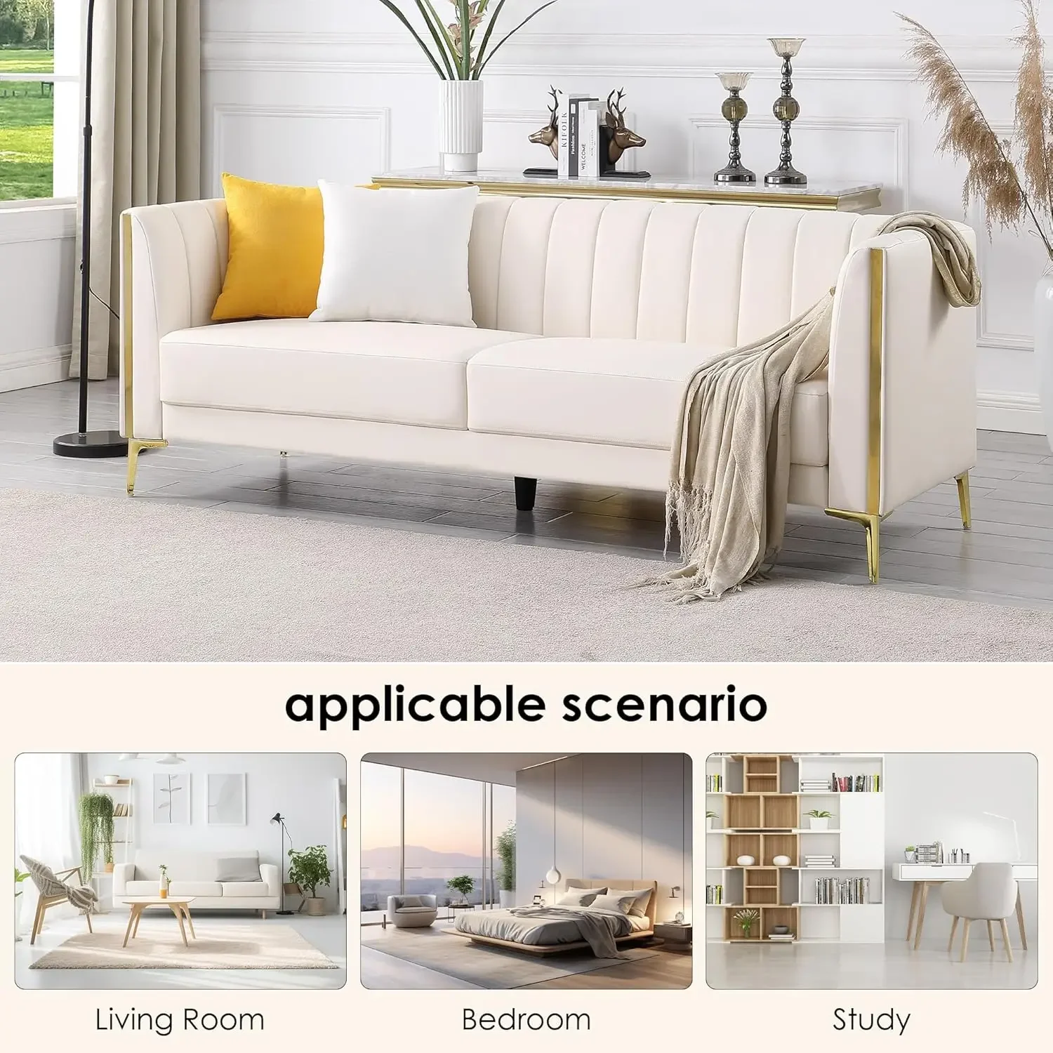Description Picture 6 of item78'' Sofa, Black Sofas Couches for Living Room, Comfy Sofa Faux Leather Sofa 3 Seater Sofa with 2 Throw Pillows and Gold Metal