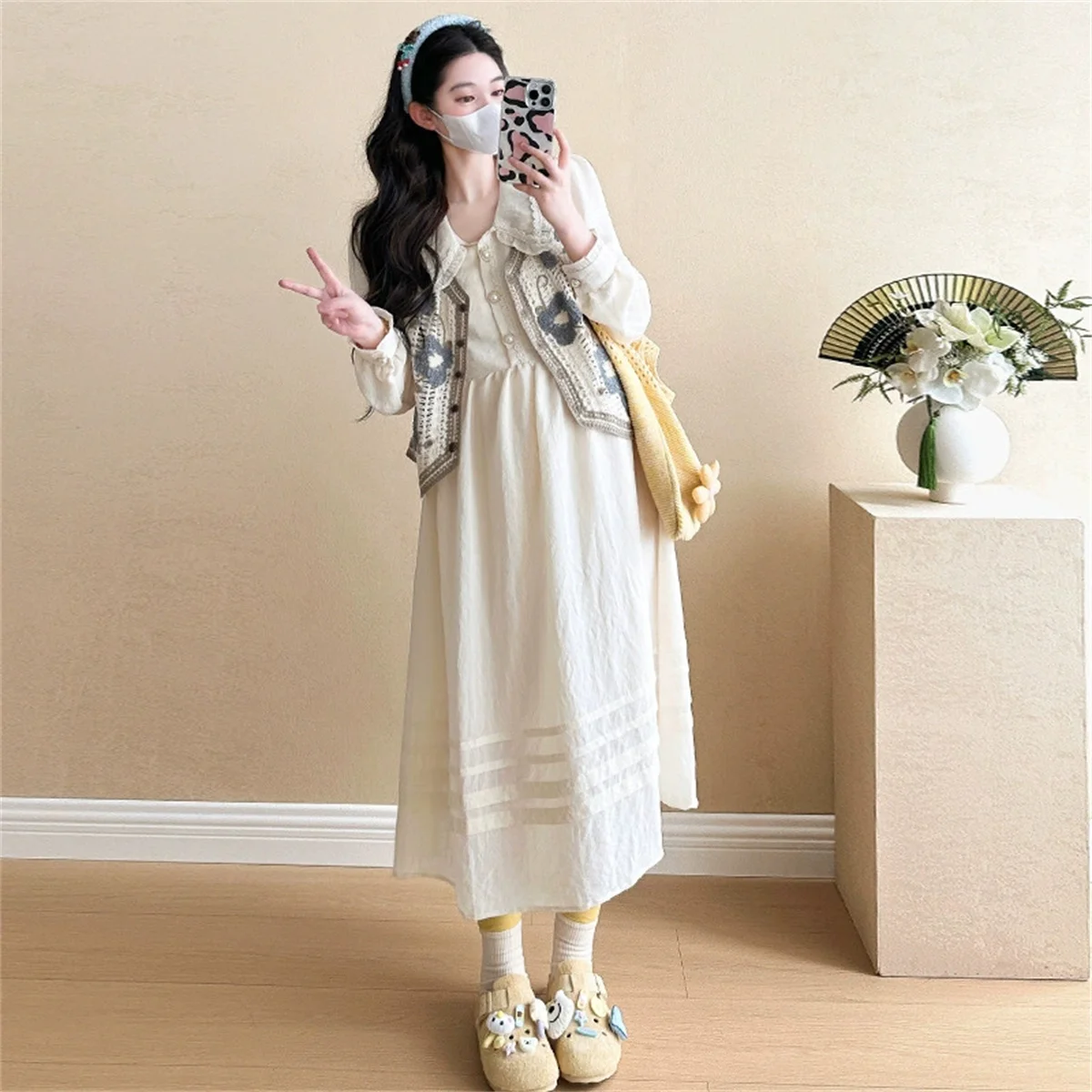 Spring and autumn pregnant women set dress vest new fashion gentle Korean sweet age slimming set pregnant women dress