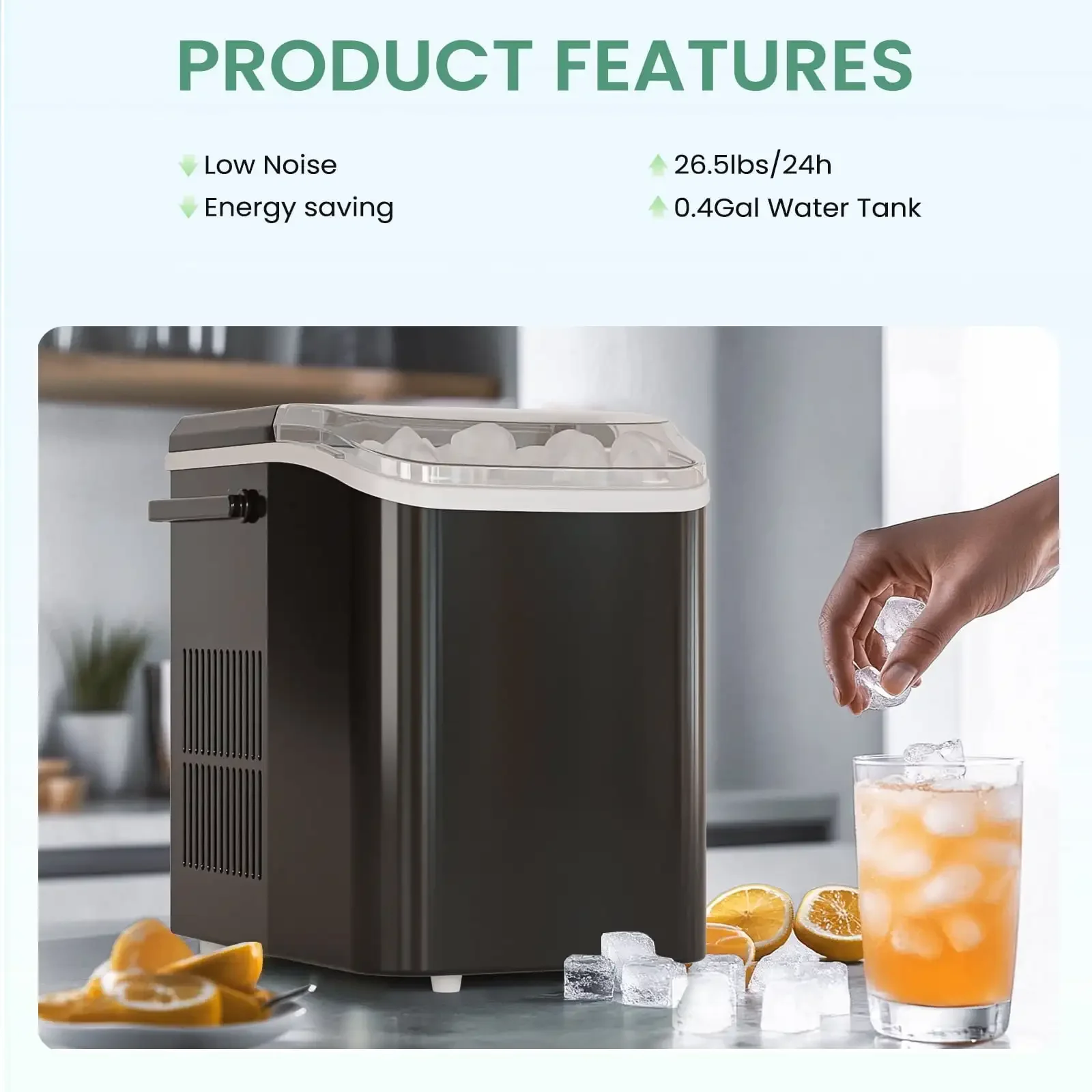 Portable Ice Maker Countertop Ice Maker Machine Self-Cleaning 2 Sizes Bullet Ice Portable with Scoop Basket and Handle Black