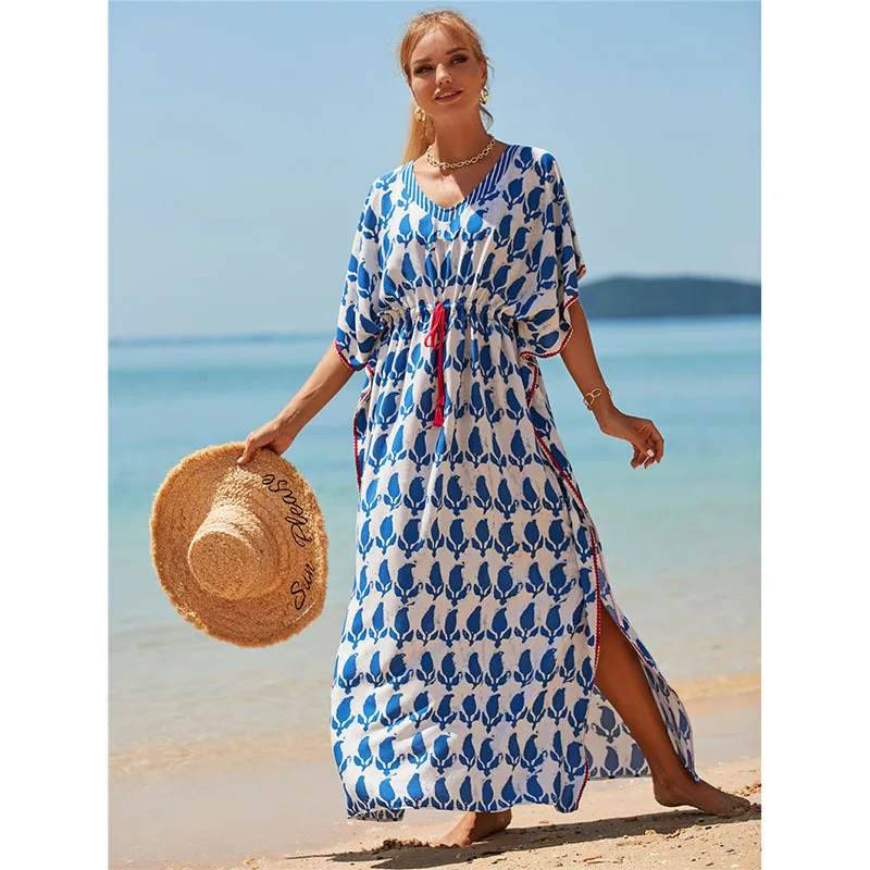 

Summer Lady Drawstring Beach Cover Up Boho Dress 2022 Girls Print Long Bikini Beach Tunic Women Bathing Suit Beach Loose Kaftan