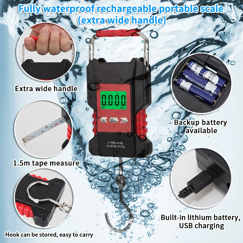 50Kg Full Waterproof Hanging Scale Portable Fish Hook Electronic Weighting Luggage Scale LCD Digital with 1.5m Tape Ruler