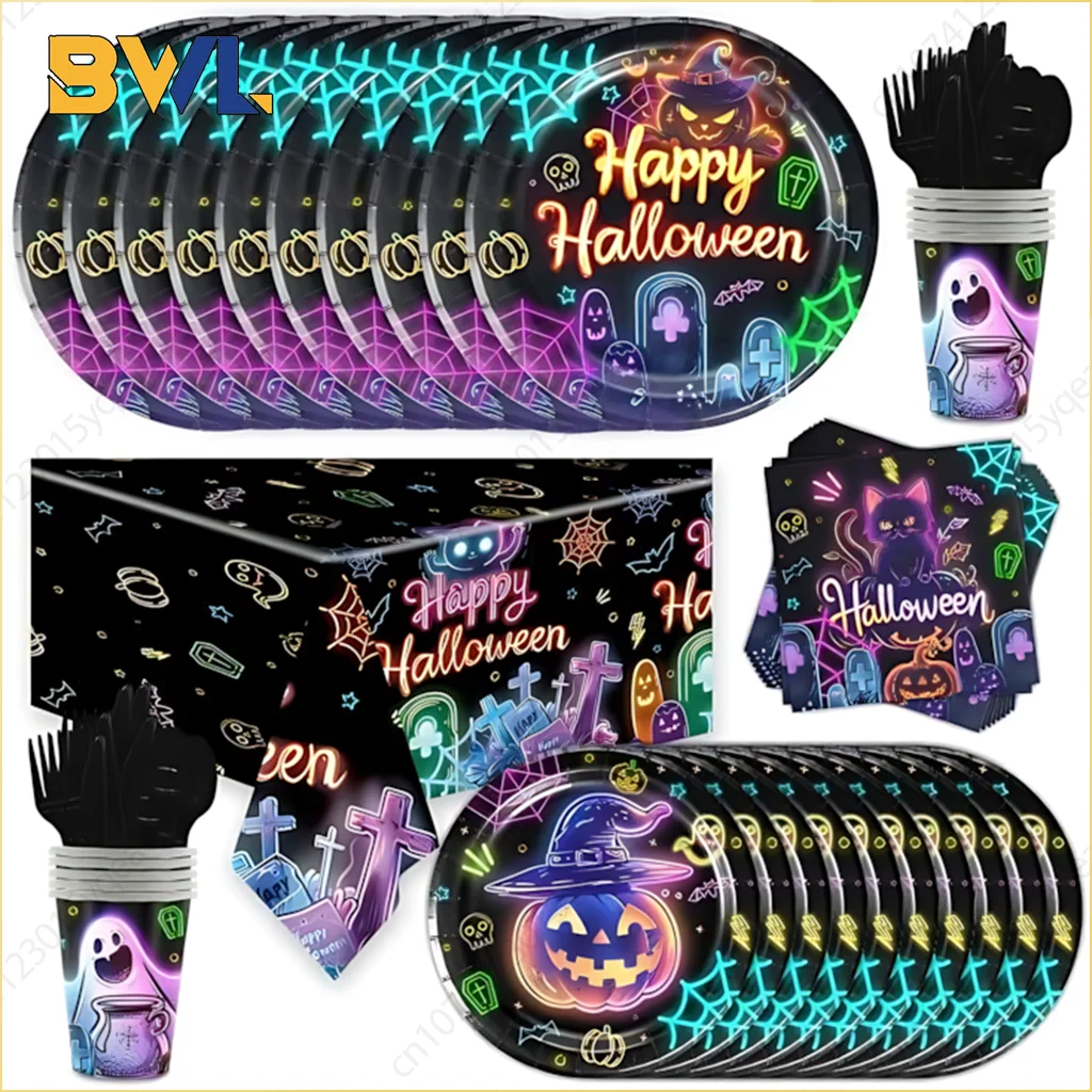 Halloween Party Tableware Set Festive Party Plates Napkins Tablecloth Disposable Tableware 10/12Guests Halloween Decoration