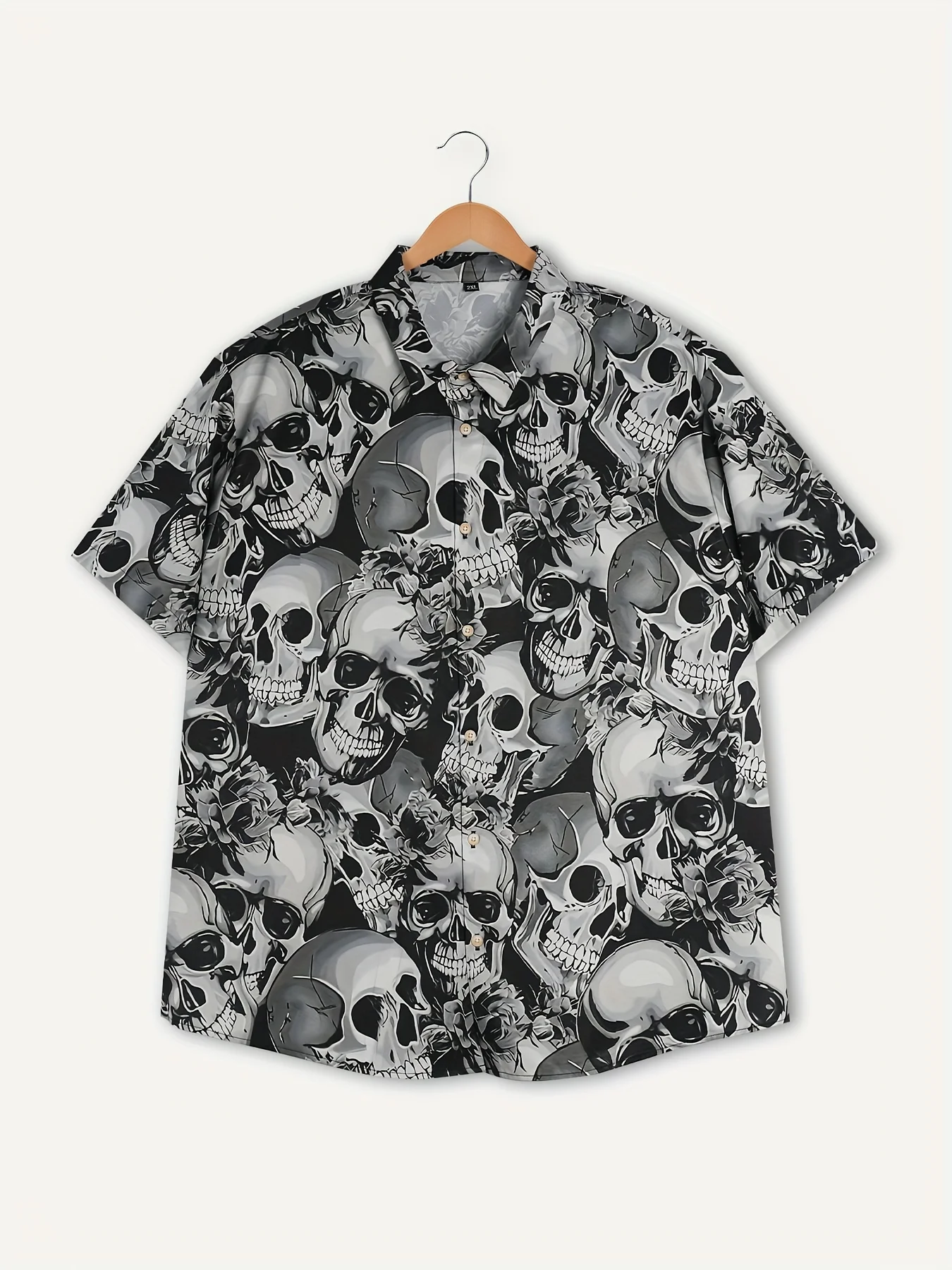 Skull Print Men's Large Size Lapel Shirt Summer Fashion Street Hip Hop Trend Tops Men's Shirt Oversized T-shirt 2