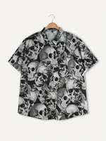 Skull Print Men's Large Size Lapel Shirt Summer Fashion Street Hip Hop Trend Tops Men's Shirt Oversized T-shirt 2