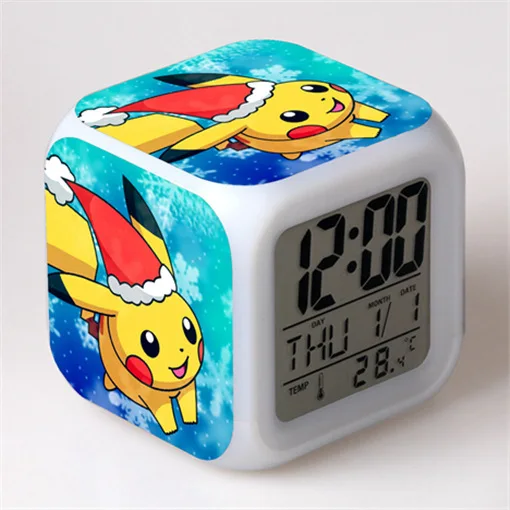 

8cm Hot Pokemon Clock Night Light Colorful Changing Alarm Clock With LED Flash Light Pikachu Model Toy For Kid Student Gift