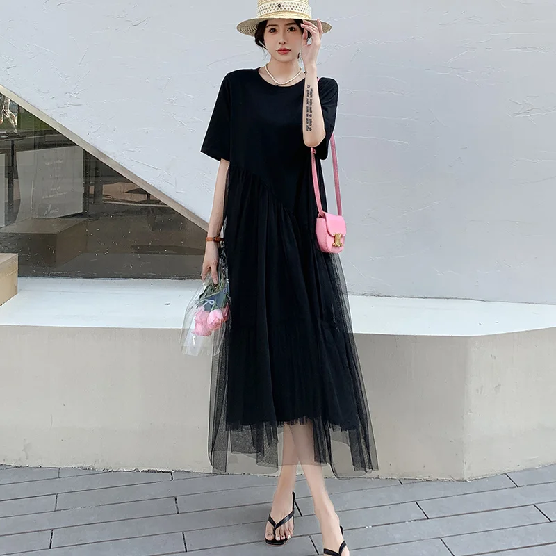 

Summer New Women's Round Neck Oversize Dress Loose Patchwork Commuting Casual A-line Skirt