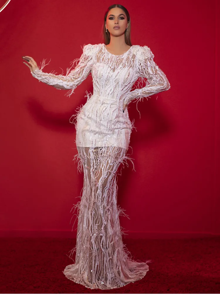 

Luxury Women Summer Sexy Long Sleeve Mermaid Feather Pearl Mesh Sequins Bodycon Dress 2023 Elegant Evening Party Club Dress