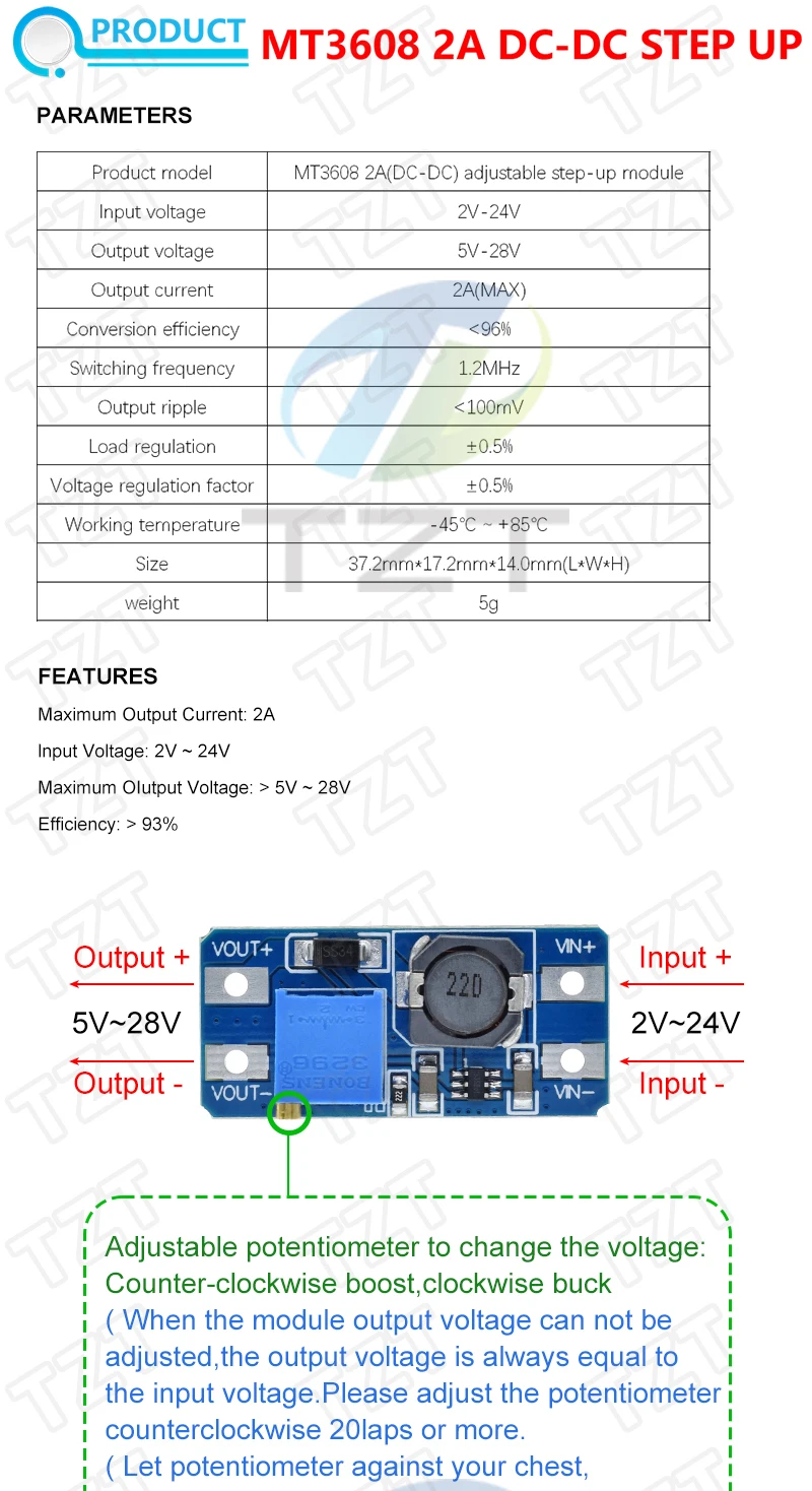 TZT 1/5/10PCS MT3608 Typ-c/Micro USB 2A Max DC-DC Step Up Power Modul Booster Power Modul 3-5V zu 5V/9V/12V/24V – Detail 1