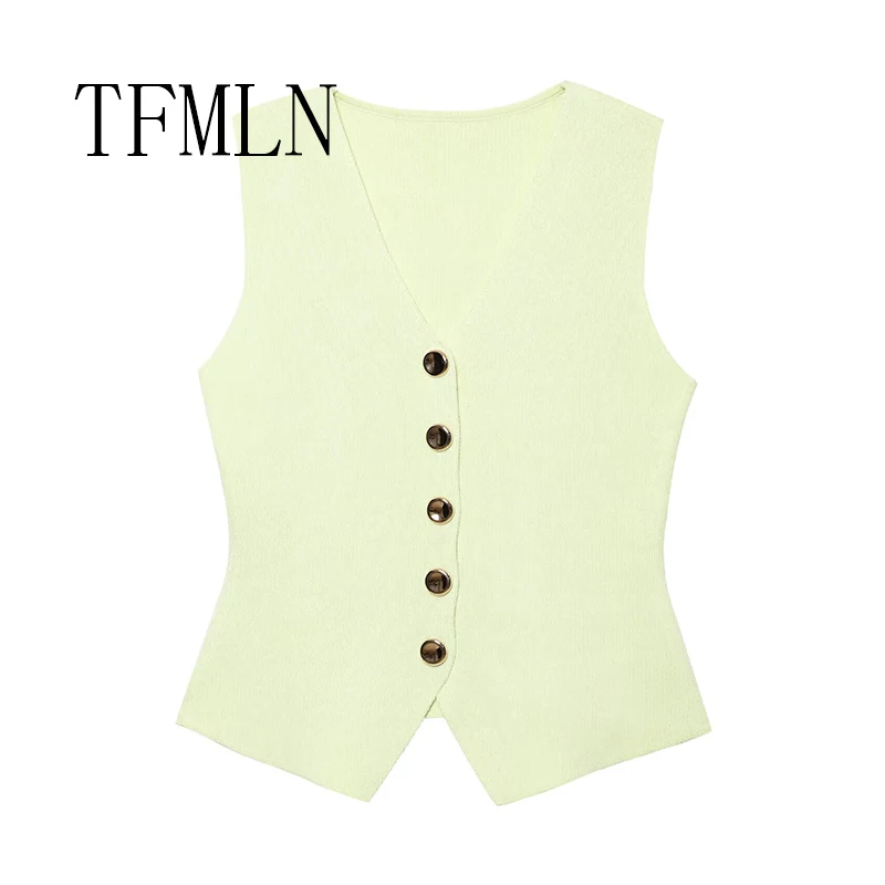 TFMLN Spring Summer Women Solid Color Casual Sweater Vest V-Neck Button Up Knitted Cardigan Vest Chic Women Sleeveless Sweater