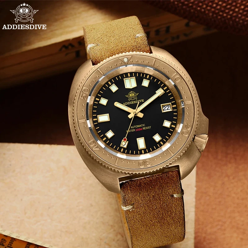 ADDIESDIVE CUSN8 Bronze Case Automatic Mechanical Watch NH35A Sapphire 20Bar Diving WristWatch Vintage Leather Luminous Watches