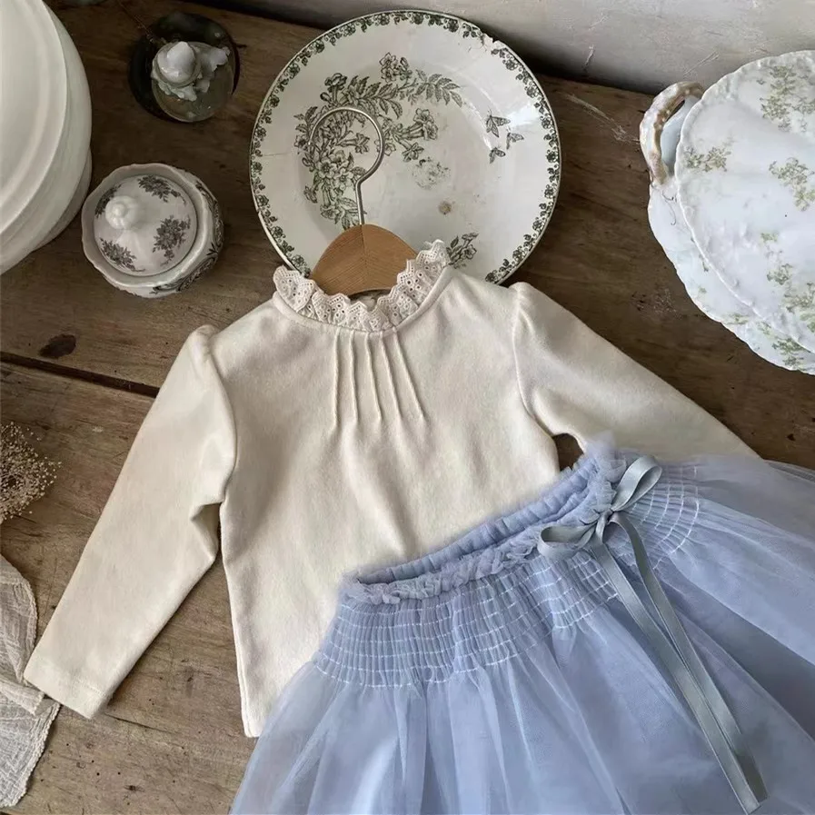 Spring Newborn Girl Infant T-shirt Lace Collar Long Sleeves