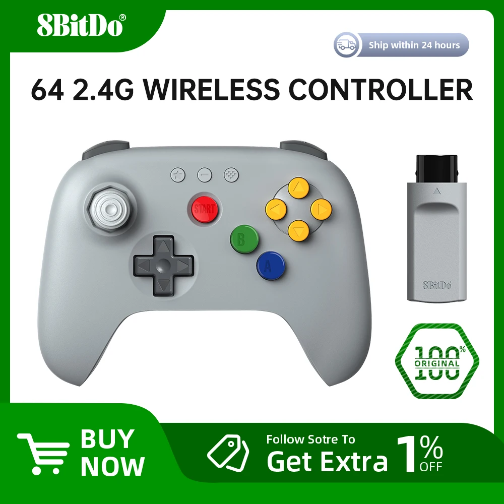 Nuevo control inalámbrico 8BitDo N64 gris para consola N64, analógico 3D, compatible con Windows 10, con joysticks de efecto Hall.