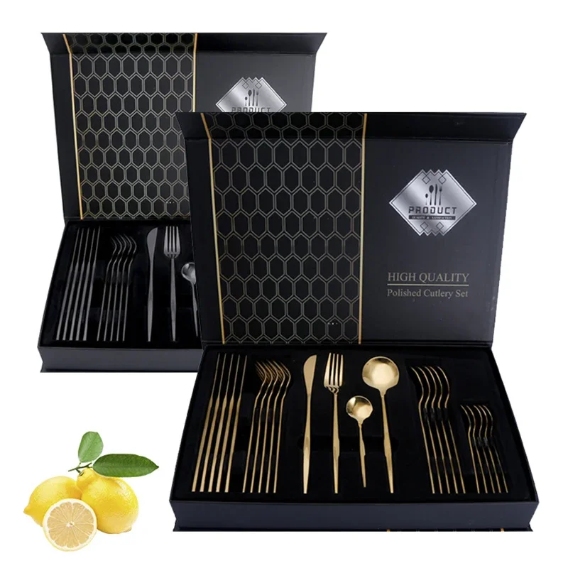 Tableware Set 24PCS Gold Cutlery Sets Stainless Knife Forks Spoons Flatware Tableware Set Gift Box Portable Dinnerware Dishwasher Kitchenware