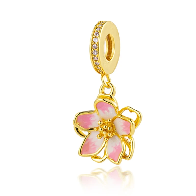 New Gold Daisy Safety Chain Family Tree Lucky Clover Cherry Blossom Clip Charm Bead Fit Original 925 Silver Bracelet DIY Jewelry 3
