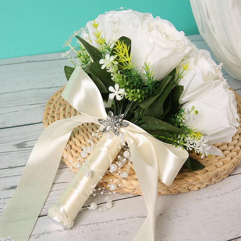 1PC Wedding Bride Rose Bouquet Pearl Chain Rhinestone Flower Wedding Tossing Bouquet Valentine's Day Church Party Decoration Con