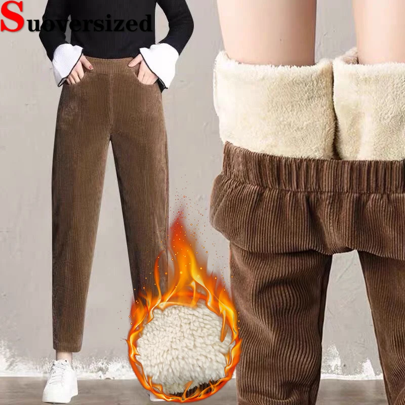 

Winter Lambswool Harem Pants High Waist Women's Thicken Trousers Baggy Casual Warm Sweatpants Oversized Fleece Lined Spodnie