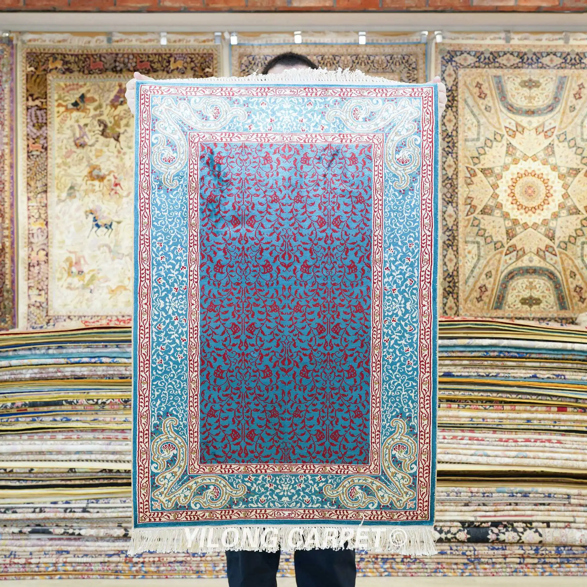 

61x91cm Oriental Silk Carpet Small Blue Handmade Exquisite Persian Silk Rug (HF107B)