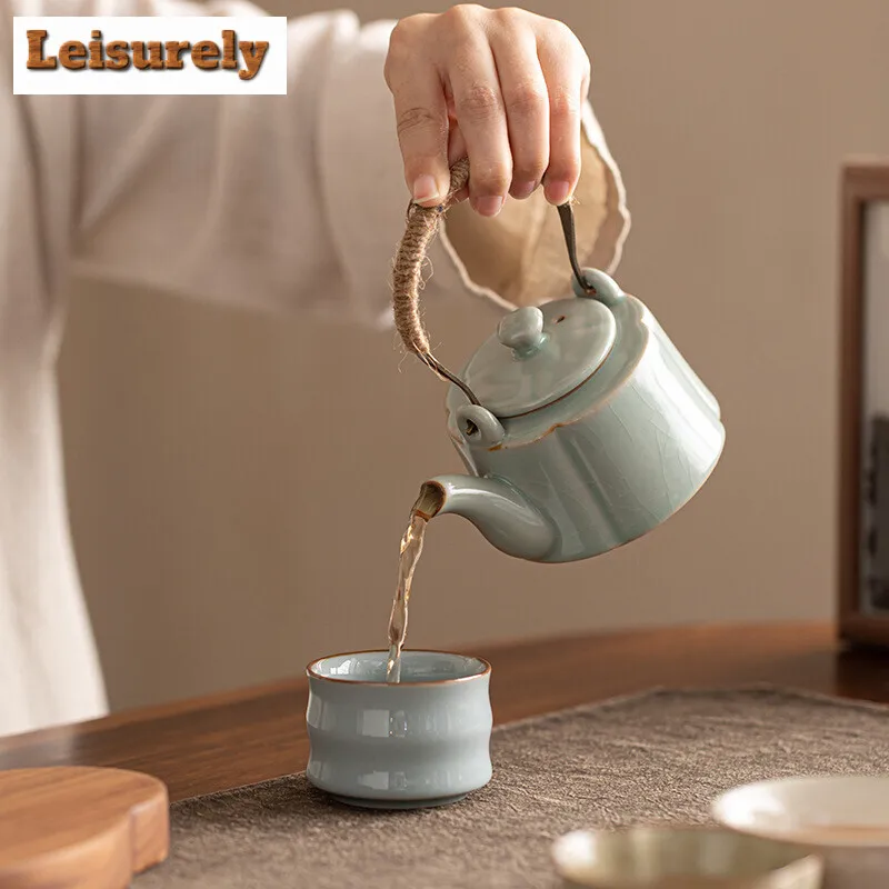 Five Famous Kilns 1 Pot 4 Cups Tea Set Complete Set Antique Tea Ceremony Set Household Teapot and Tea Cup  Kung Fu Tea Gift Box