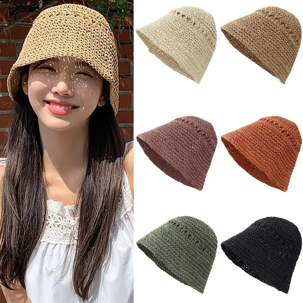 Summer Fashion Ladies Paper Straw Bucket Hat Breathable Crochet Beach Cap Wide Brim Sun Cap Fisherman's Hat 4