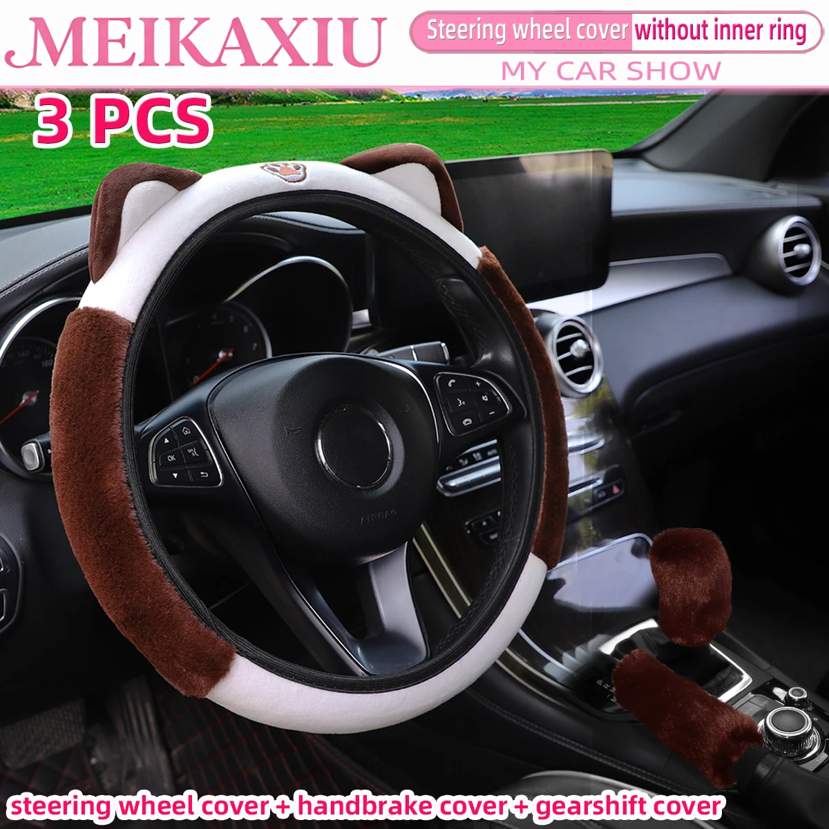 Elegant Plush Short Fur Steering Wheel Cover - Pink Cat Design (Set of 3)