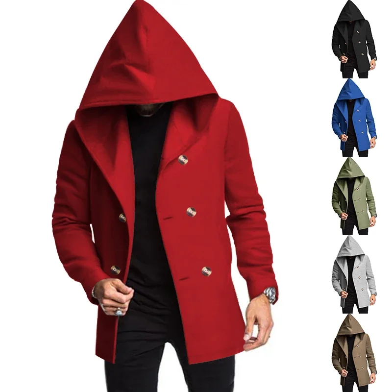 Men's Windbreaker Spring and Autum Double Row Solid Color Casual Men's Mid-Length Outwear Jacket