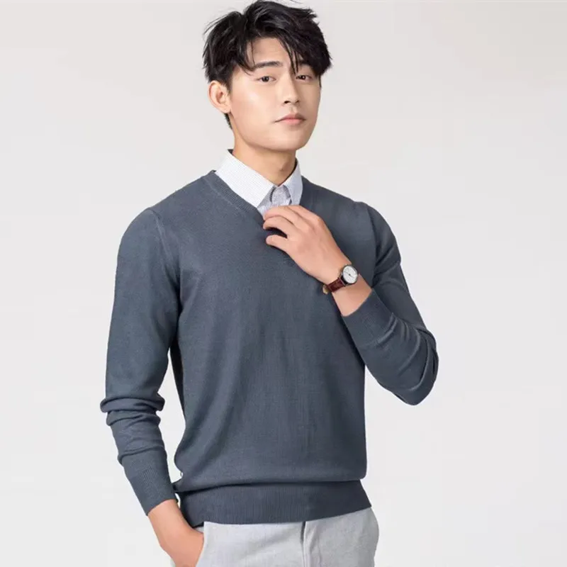 Men's 100% Pure Wool Cashmere Sweater V-Neck Pullovers Knitted Sweater Autumn and Winter New Long Sleeve High-End Jumpers Tops 3