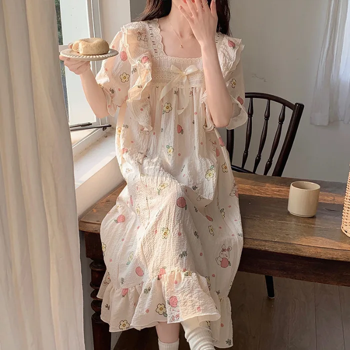 Summer New Nightgowns Ladies Pajamas Homewear Women Bubble Wrinkled Fabric Cute Loose Dresses Student Nightgowns Homewear