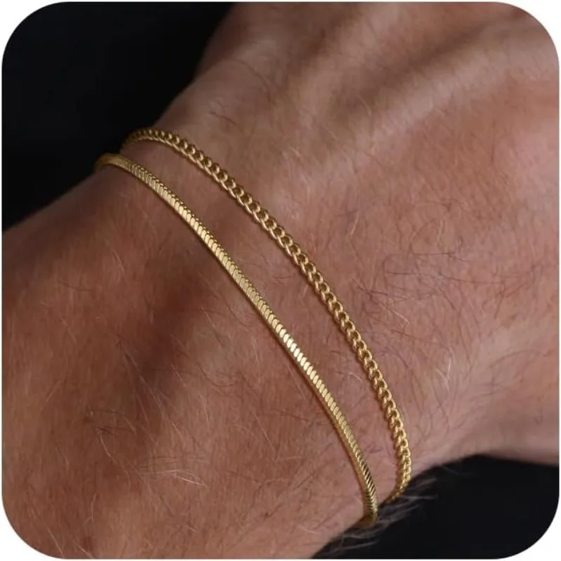 Herren-Armband-Set, wasserdicht – zierliche 14 Karat vergoldete Edelstahl-Schlangen-kubanische Figaro-Kettenarmbänder für Männer, Schmuck, Geschenke