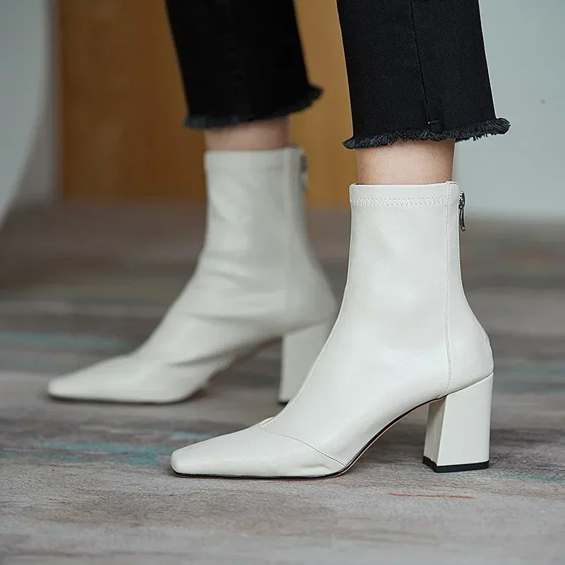 New 2023 Leather Women's Boot Back Zipper Square High Heels Solid Pointed Toe Shoes Party Ankle Boot Black White Brown