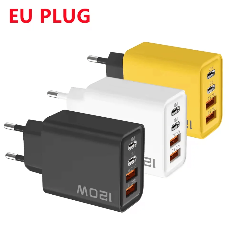 Cargador USB PD de 4 puertos, adaptador de cargador de teléfono móvil de carga rápida tipo C de 120W para iPhone, Samsung, Xiaomi, cargador de pared con enchufe UE/EE. UU./Reino Unido
