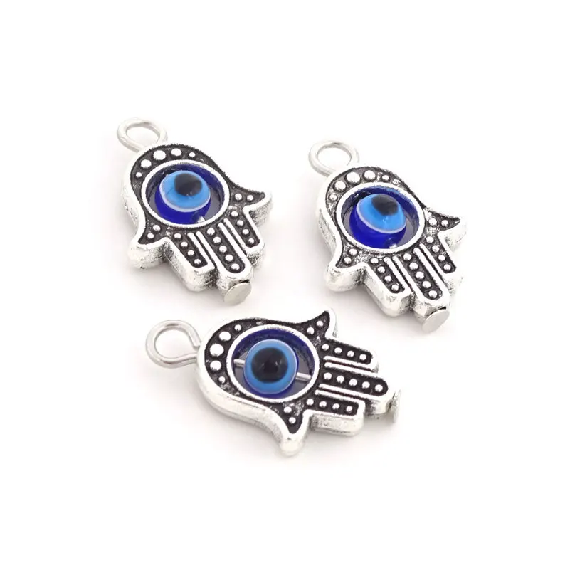 10Pcs Argento Antico Colore Hamsa Fatima Fascino Mano Male Occhio Blu Perlina Misura Ciondolo Collana Braccialetto Accessori Gioielli Fai Da Te - Foto 3