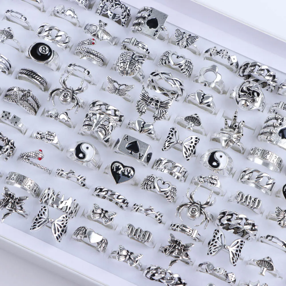 10/20/30/50Pcs/Lot Punk Finger Ring Set For Men Women Mix Style Flower Tai Ji Heart Love Snake Jewelry Party Gifts 3