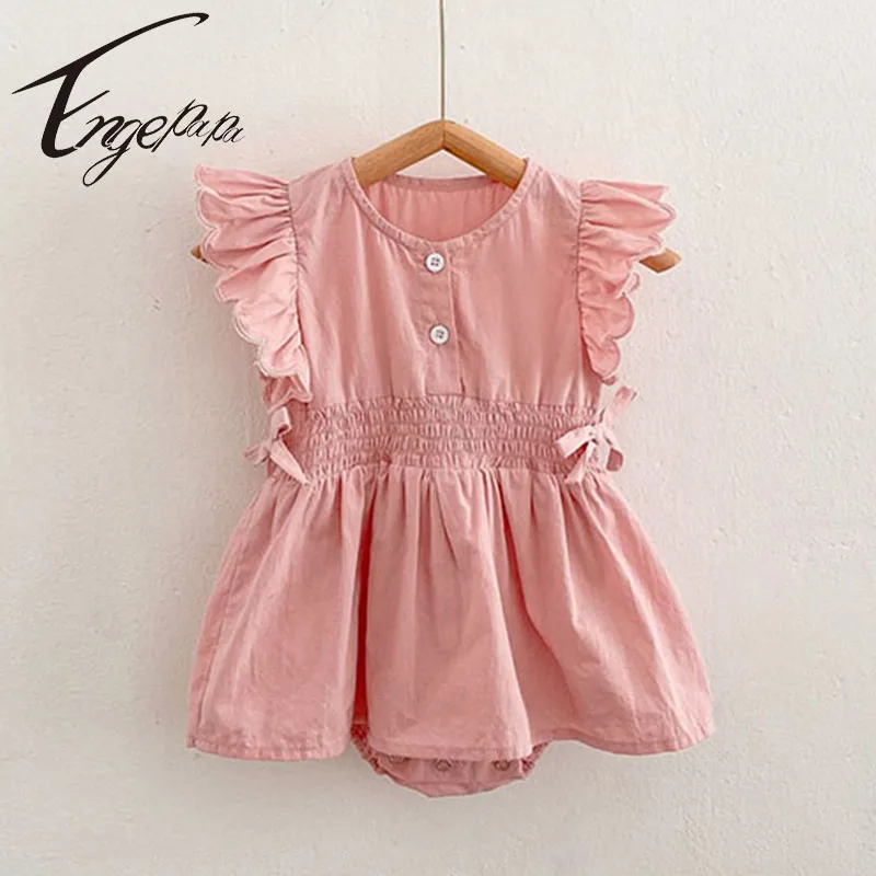 

Engepapa 2022 Summer Toddler Baby Girl Romper Short Flying Sleeves Jumpsuit Pure Color Princess Baby Girl Romper Clothes