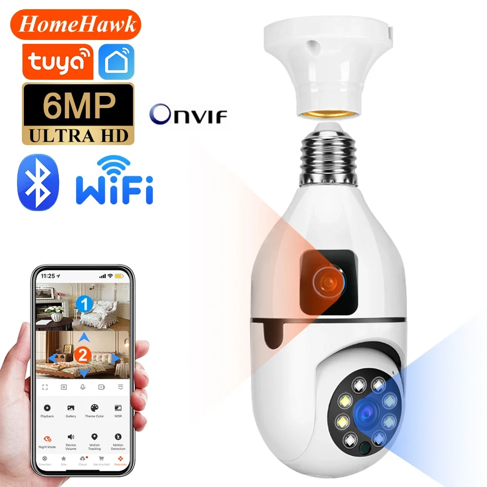Tuya 6MP E27 Bulb WIFI Camera Dual Lens AI Human Tracking Voice Alarm Two-way Audio Dual Screen Smart Home Surveillance Camera 1