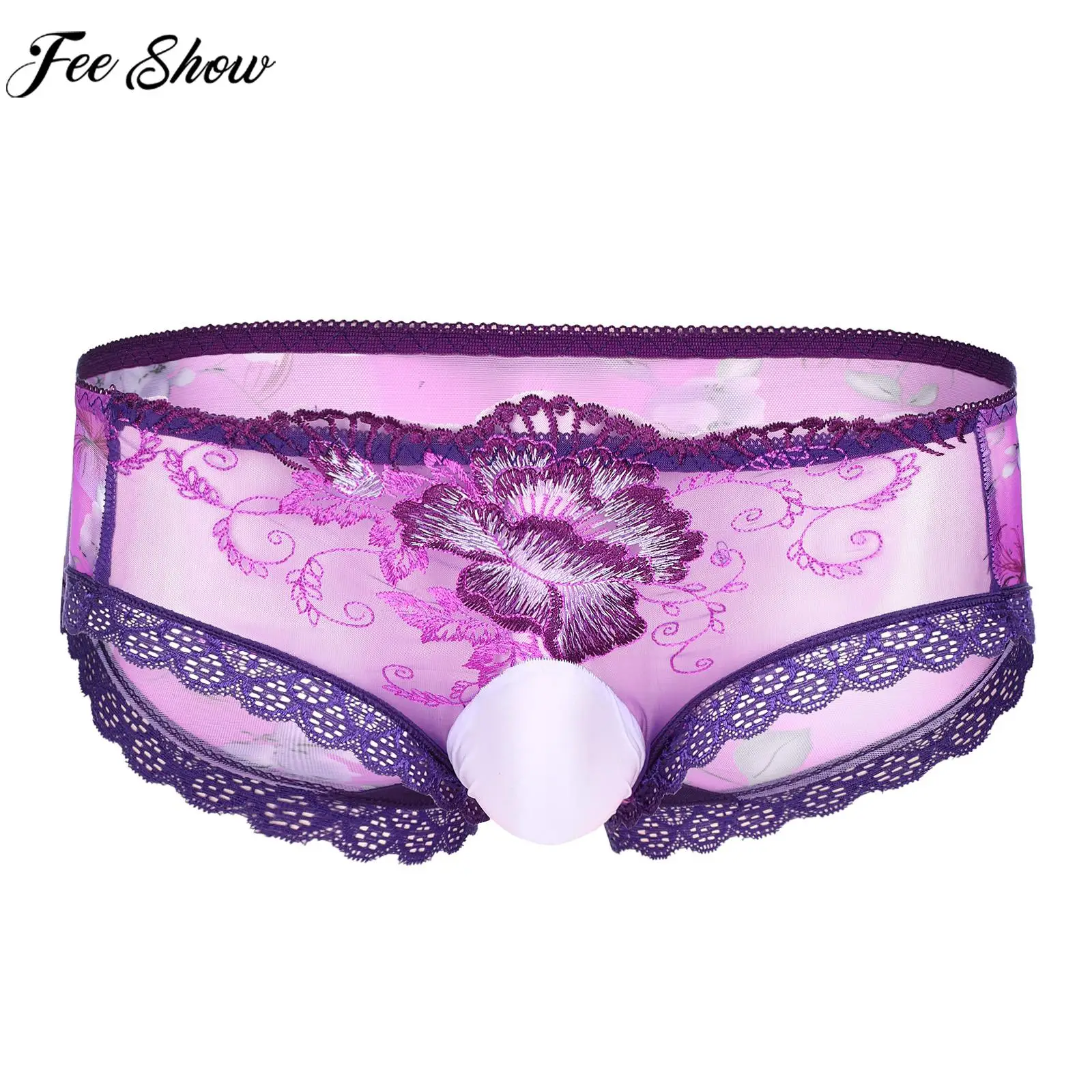 

Mens See-Through Mesh Lace Briefs Sissy Panties Underwear Sexy Sheer Low Rise Embroidery Bulge Pouch Underpants Sleepwear