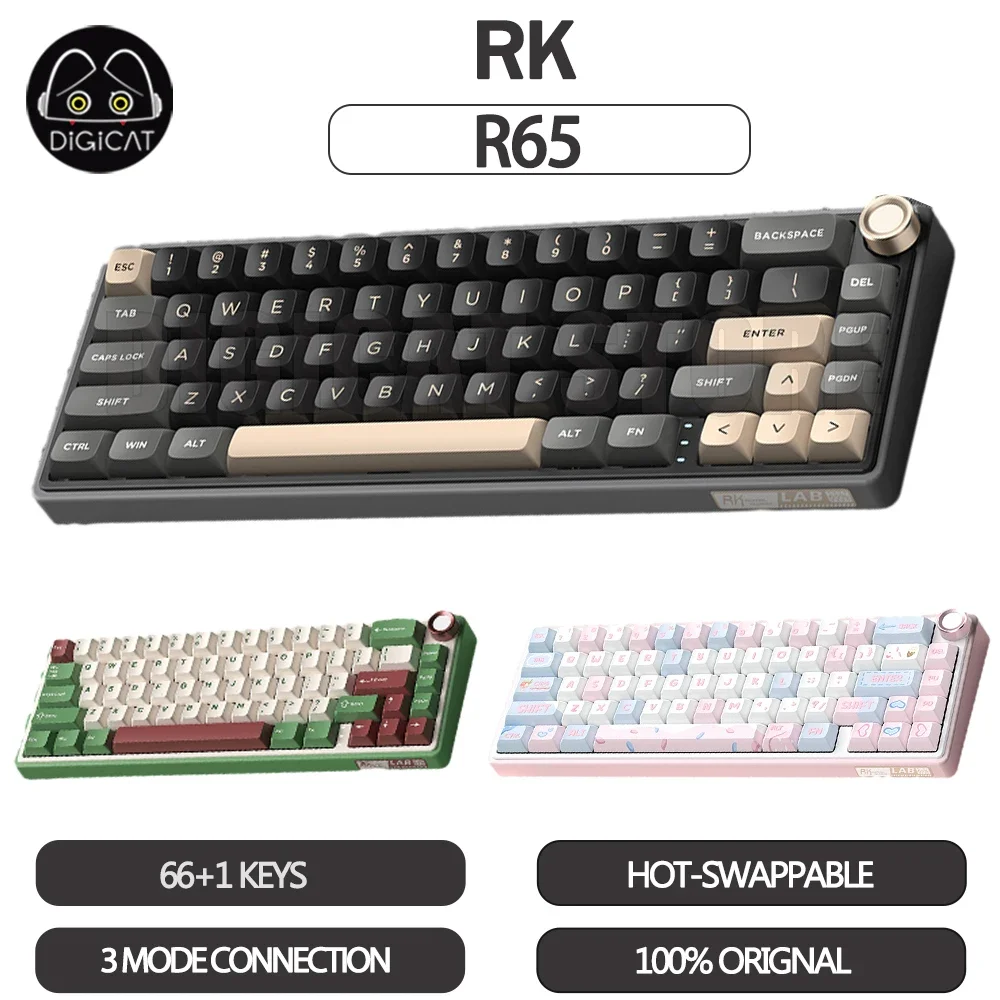 

RK R65 Mechanical Keyboard 3 Mode 2.4G/Bluetooth Wireless Keyboard 66 Keys RGB Backlight Keycap PBT Hot Swap Gamer Keyboard Gift