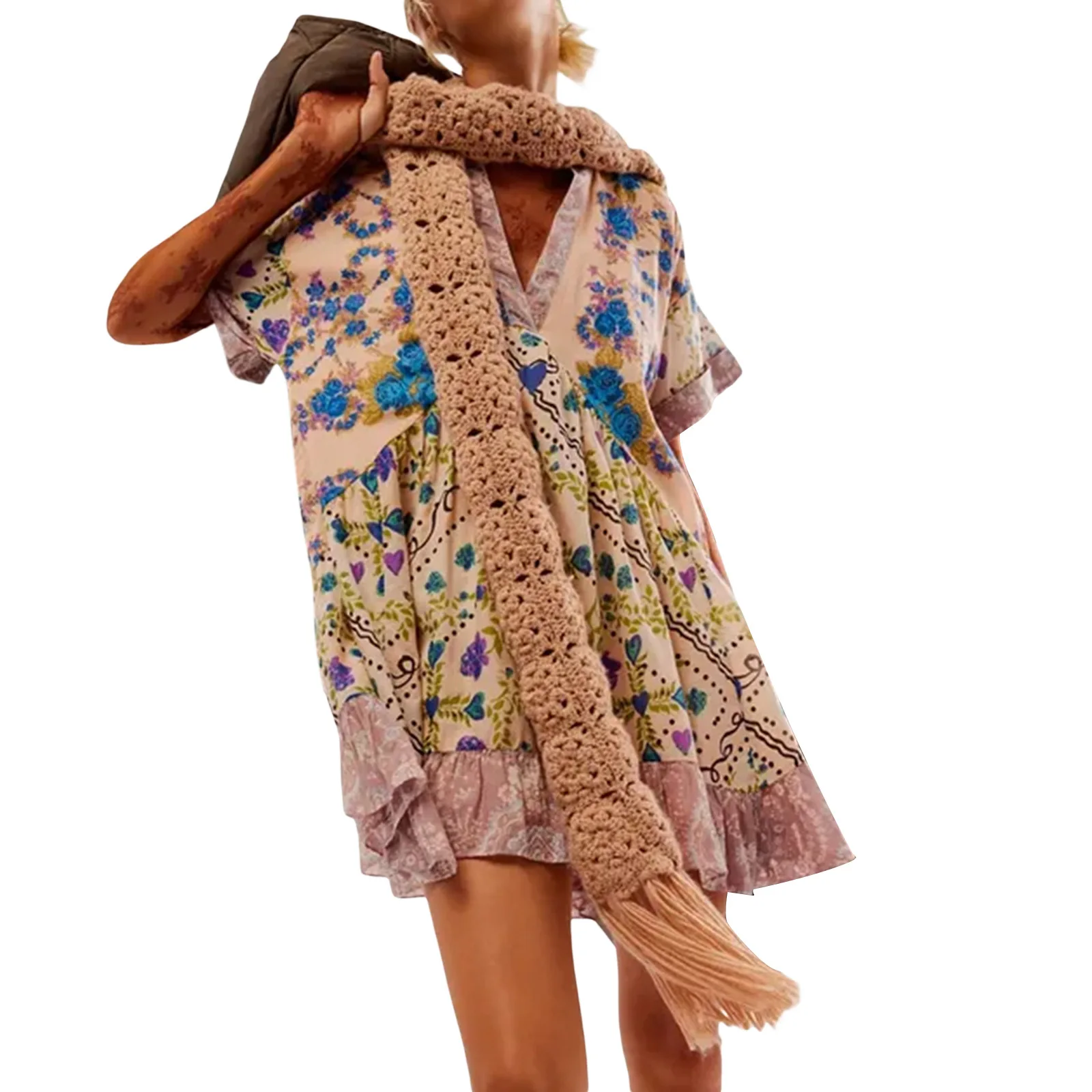 Color Vintage Print Mini Dresses Women Spring Summer New V-neck Short Sleeves Folds Loose Irregular Short Dress Fashion Vestidos