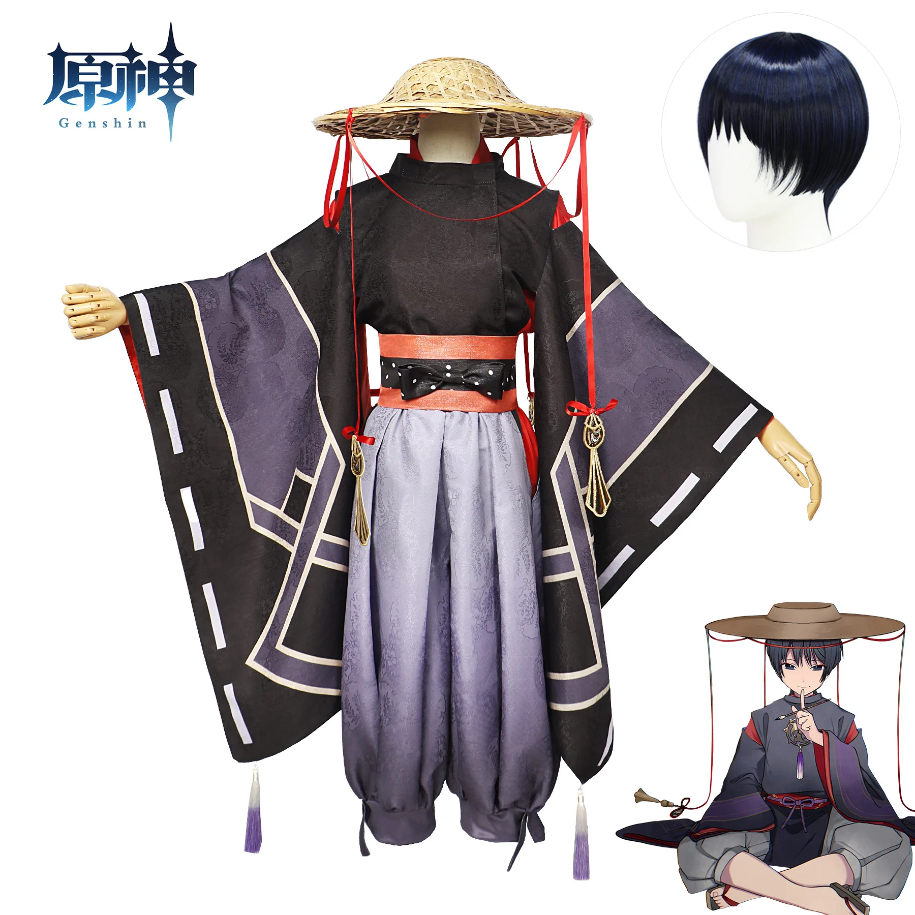 

Genshin Impact Wanderer Cosplay Costume Scaramouche Sniper Killer Black Clothes Uniform Kunikuzushi Balladeer Fanart Cos Wig Hat