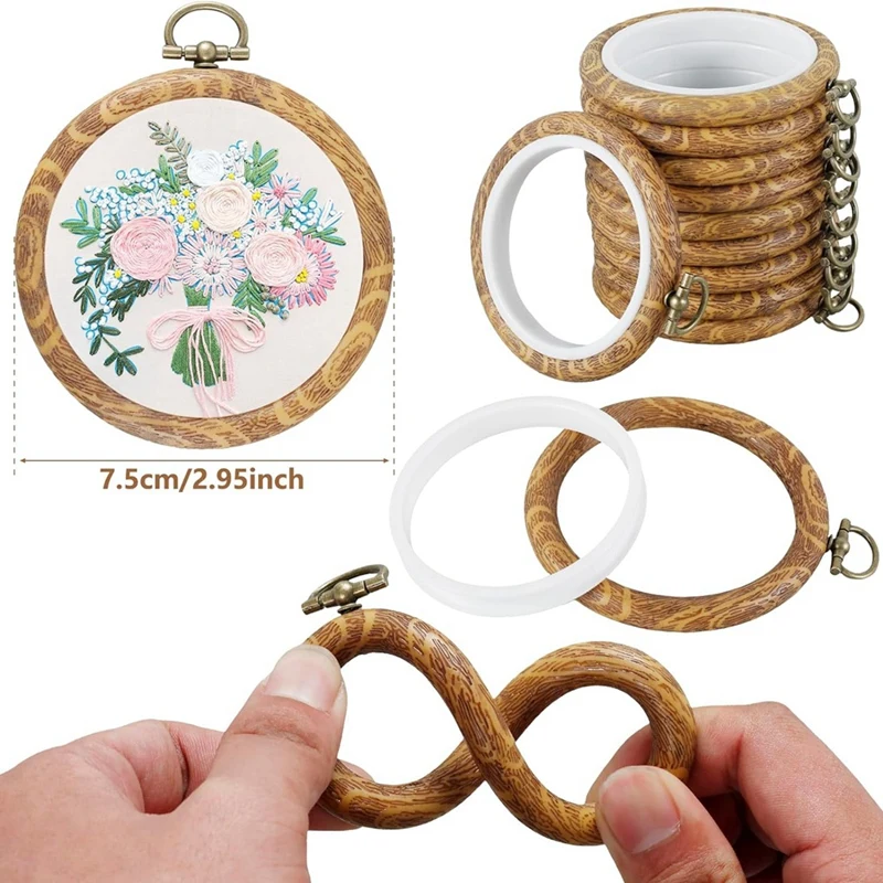 10Pcs Round Embroidery Hoops Set 3 Inch Imitated Wood Embroidery Display Frame Kit For DIY Art Craft Sewing And Hanging