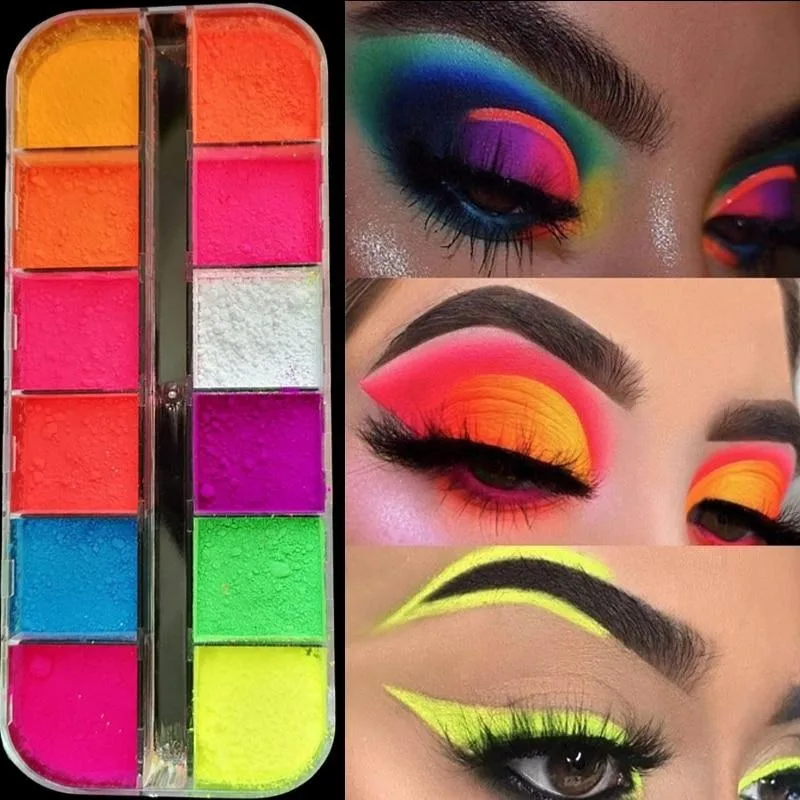 12 Colors Phosphor Fluorescent Neon Pigment Eye Shadow Makeup Palette Shine Shimmer Face Body Nail eye shadow,eye shadow plate