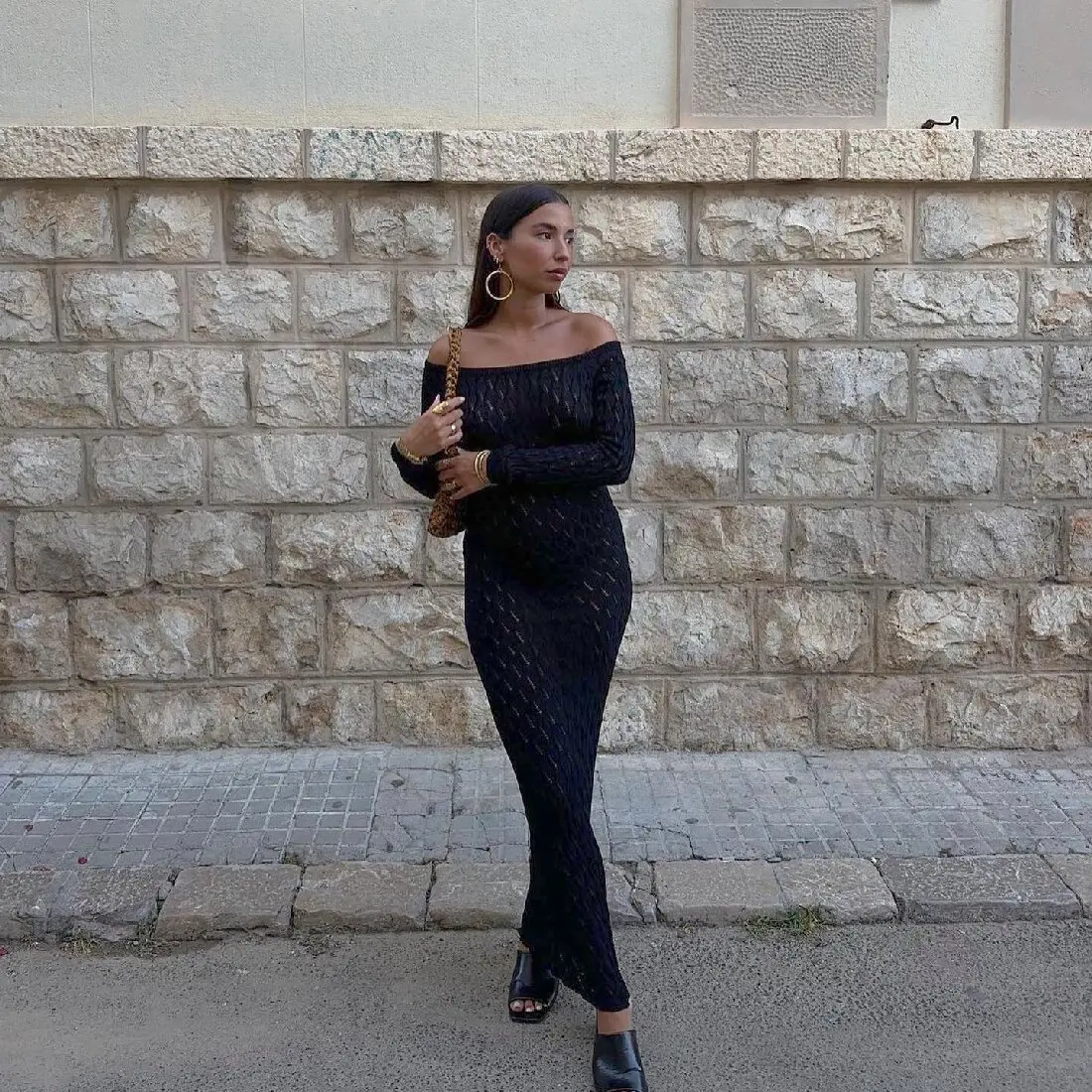 Knit Off-Shoulder Maxi Dress - Patchwork Fashion Hollow Out Knitwear Dress