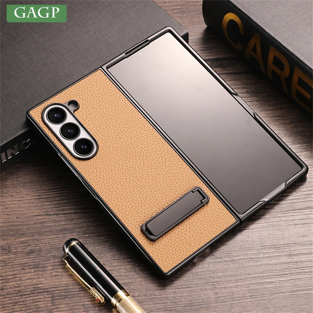 Elegant Litchi Leather Invisible Bracket Case with Stand Holder and Thin Bumper Design