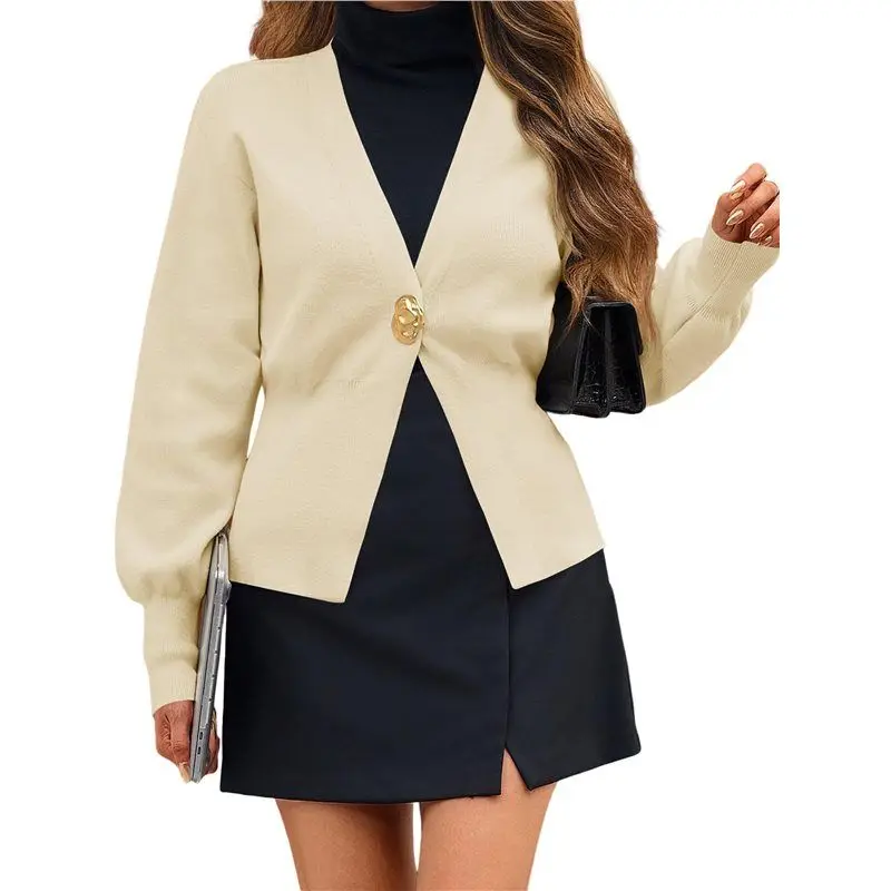 ABKS-여성 니트 가디건 긴 소매 브이넥 스웨터 원 리프 버튼 다운 아우터웨어