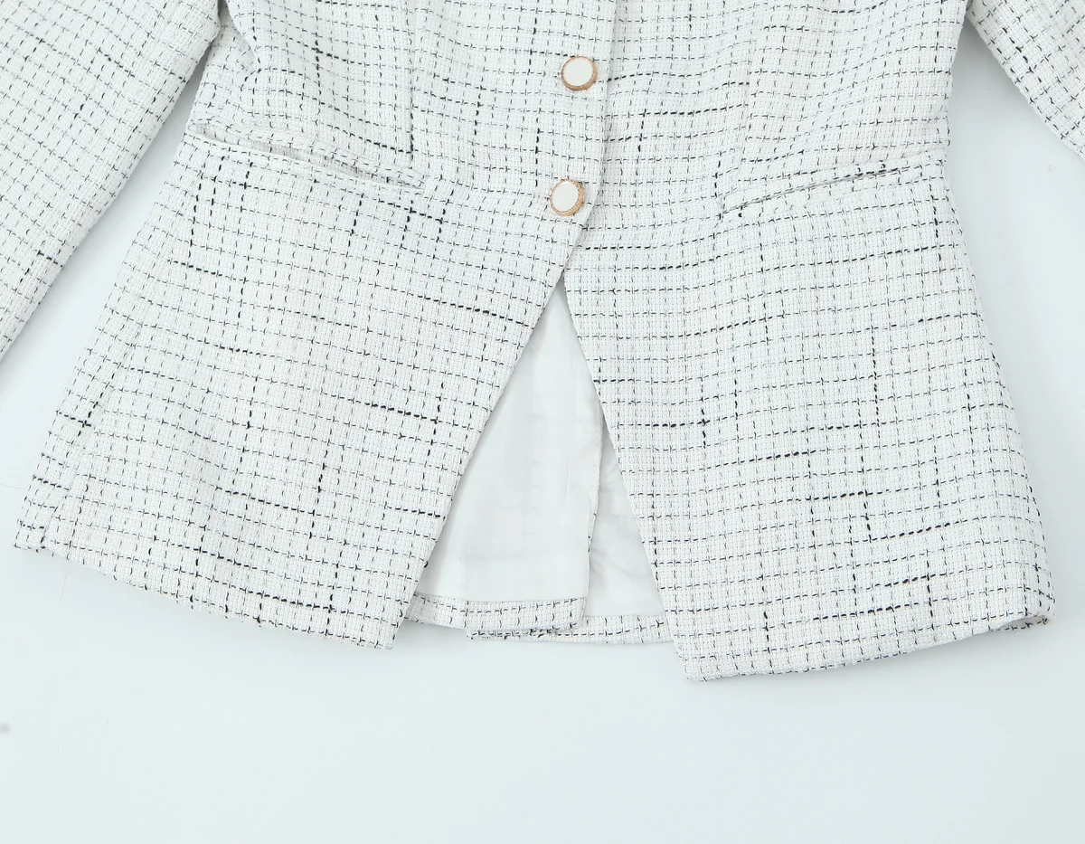 French Style Retro V collar Plaid Woven Tweed Blazer + High Waist Mini Short Skirts Suits 2 pieces 1 Set Black White