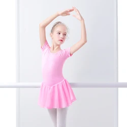Girls' Ballet Dancewear: Cotton Leotard Dress with Chiffon Skirt - 150  145-155cm (Pink Short Sleeve)