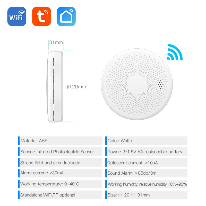 Tuya WIFI Smoke and Carbon Monoxide Combination Detector Fire Alarm Sensor 85dB Alarm Real Time App Notification with Self-test