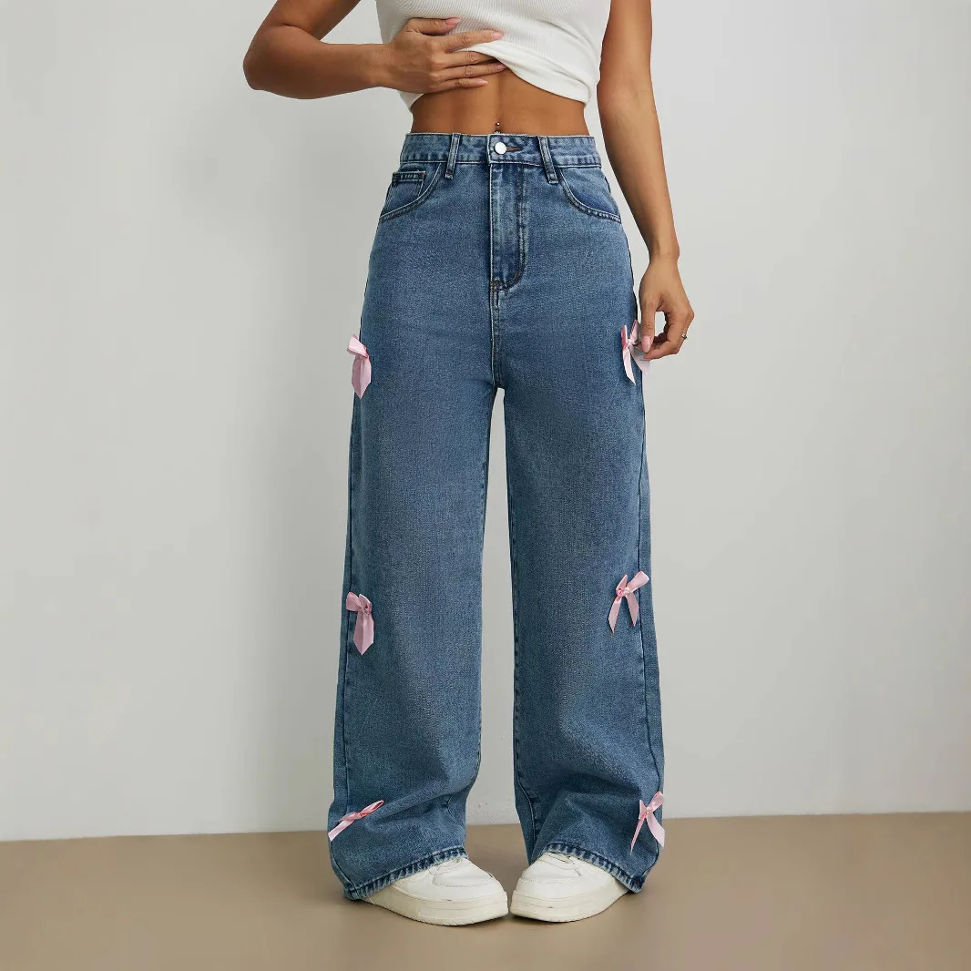 Y2K American Bow Washed Jeans Street Loose Straight Leg Wide Leg Pants 5