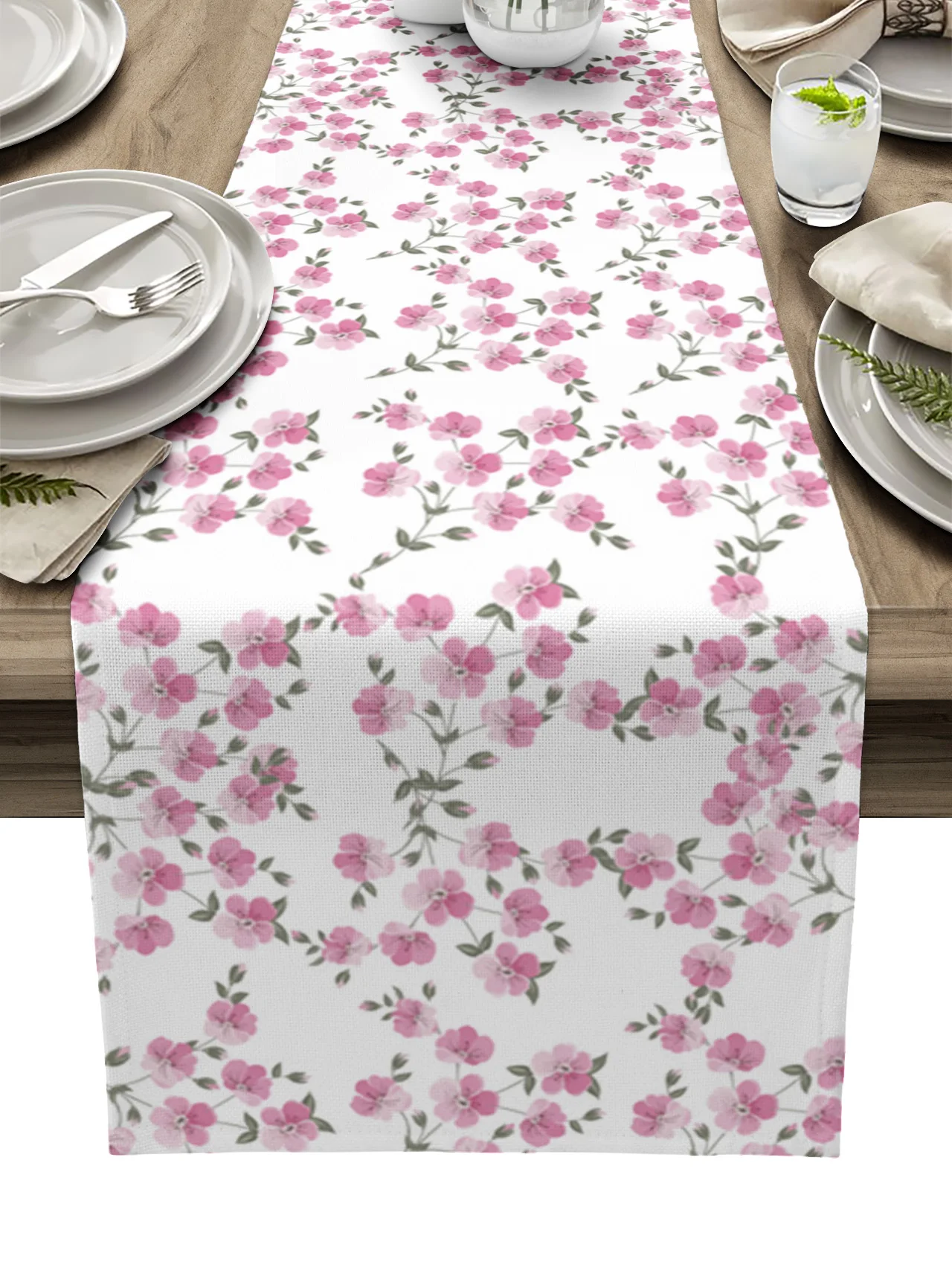 

Pink Flower Plant Table Runner Wedding Holiday Party Dining Table Cover Cloth Placemat Napkin Home Kitchen Rustic Decoration