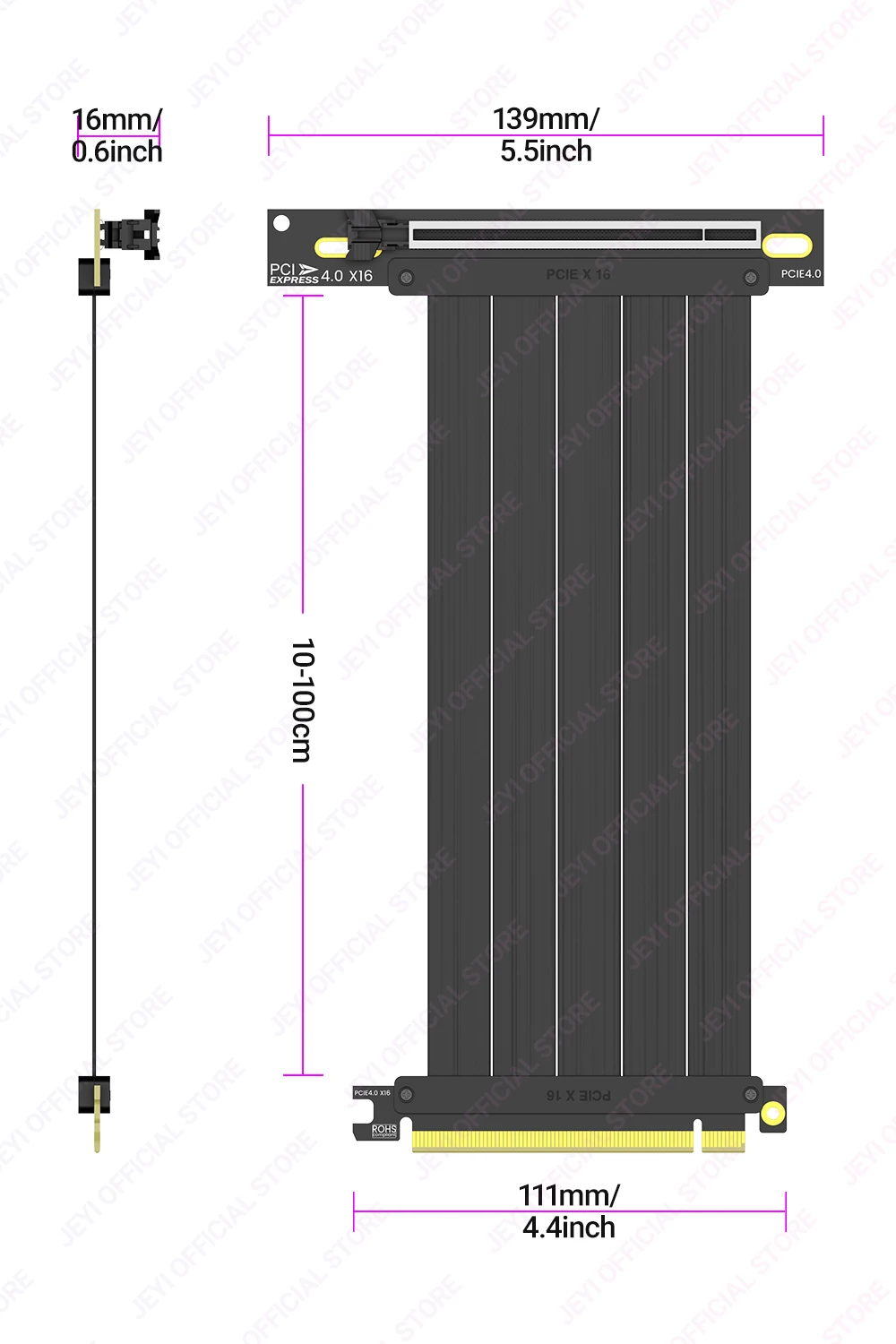 JEYI PCIe 4.0 Riser-Kabel 90 Grad, PCIe 3.0/4.0 X16 Verlängerungskabel, EMI-geschirmte GPU-Verlängerung für RTX 4090/4080/4070/7900XTX – Detail 13
