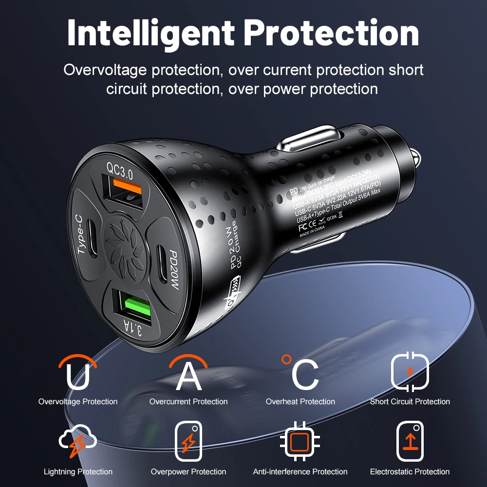 38W USB Car Charger Fast Charging 4 Ports PD Type C Car Phone Charger Adapter For iPhone Xiaomi Samsung Quick Charger In Car